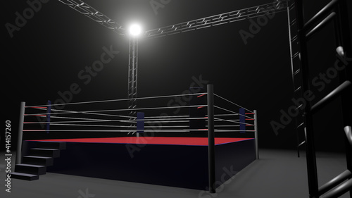 3D boxer arena. Isolated empty boxing ring with light. 3D rendering. Boxing ring with illuminated spotlights. Background