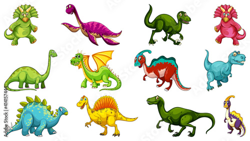 Set of different dinosaur cartoon character isolated on white background