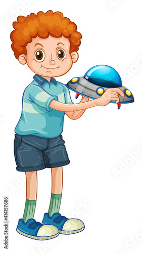 A boy holding rocket toy cartoon character isolated on white background