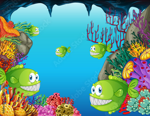 Many exotic fishes cartoon character in the underwater scene with corals
