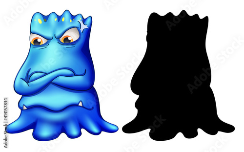 Blue monster with its silhouette on white background