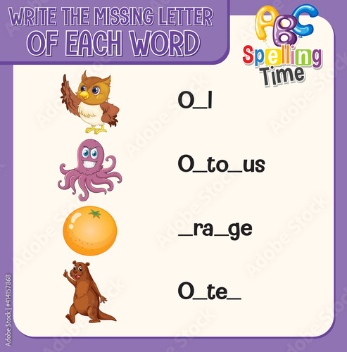 Write the missing letter of each word worksheet for children