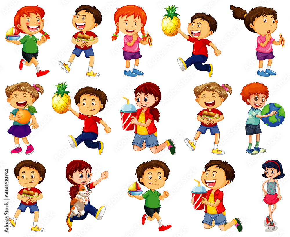 Children doing different activities cartoon character set on white background Children doing different activities cartoon character set on white background