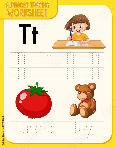 Alphabet tracing worksheet with letter T and t