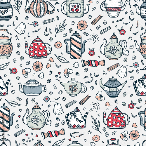 Tea Time. Crockery and sweets food. Hand Drawn Doodle Different Teapots and additives for tea Vector Seamless pattern.
