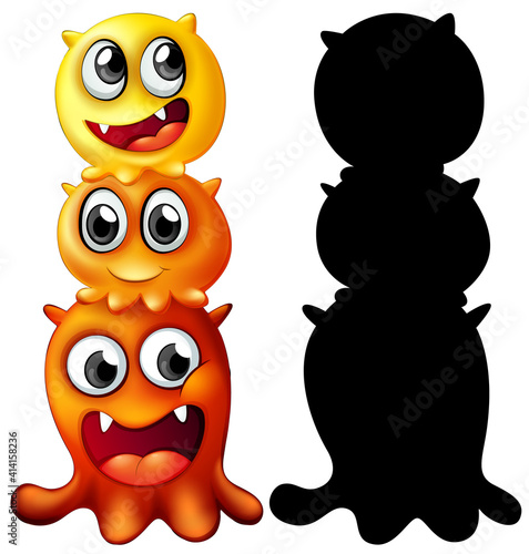Yellow monsters family with its silhouette on white background
