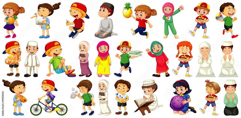 Children doing different activities cartoon character set on white background Children doing different activities cartoon character set on white background