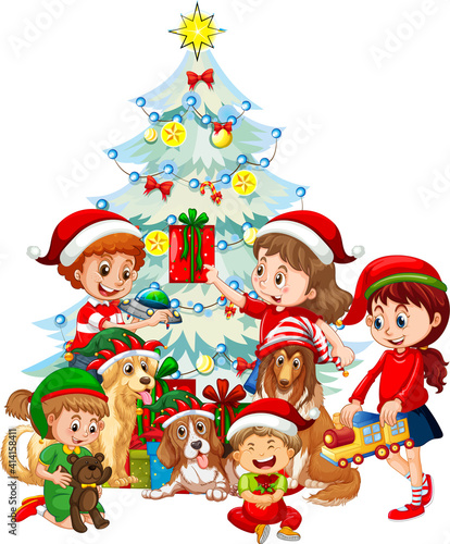 Group of children with their dog wearing Christmas costume on white background