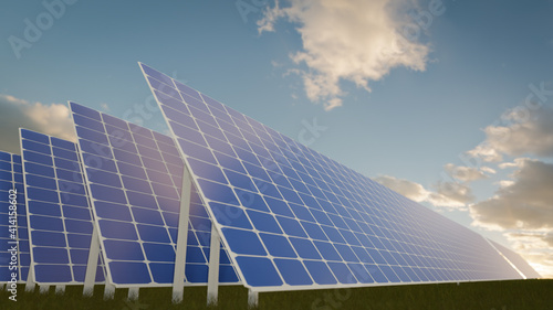 Solar Panels on the Green Fields Under Bright Sun 3d rendering