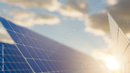 Solar Panels on the Green Fields Under Bright Sun 3d rendering