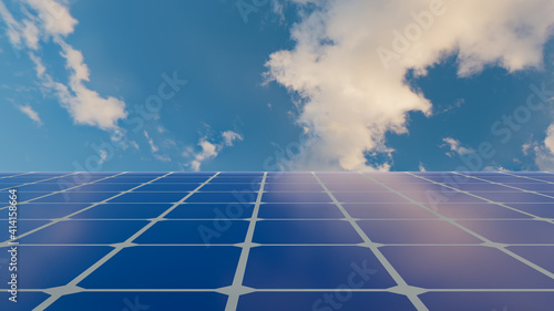 Solar Panels on the Green Fields Under Bright Sun 3d rendering