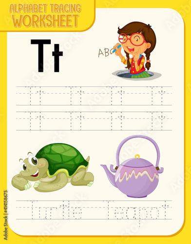Alphabet tracing worksheet with letter T and t