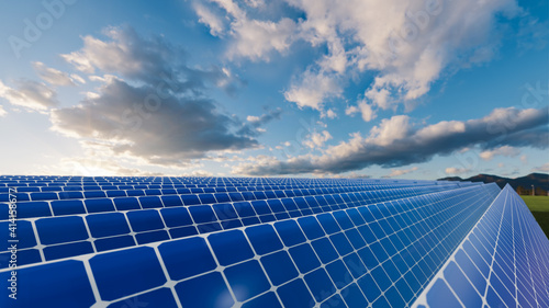 Solar Panels on the Green Fields Under Bright Sun 3d rendering