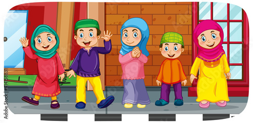 Outdoor scene with many muslim children cartoon character