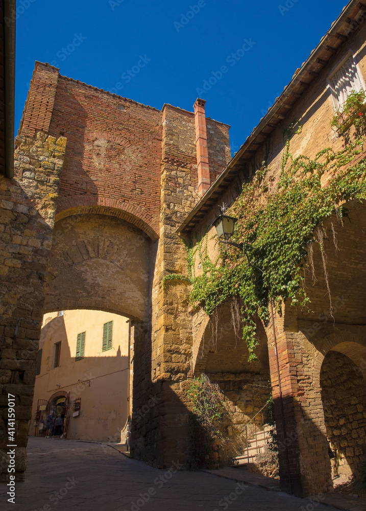 A gate in the historic 14th century walls of the medieval town of Montepulciano in Siena Province, Tuscany, Italy