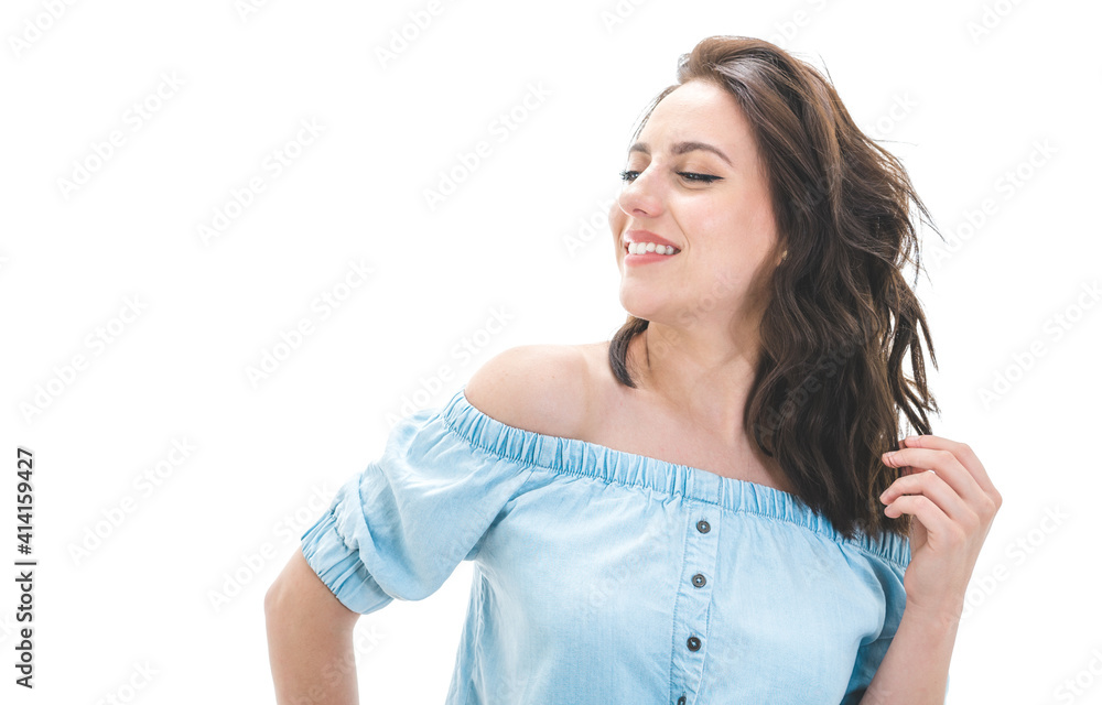 Close-up side view of caucasian smiling woman, isolated on white background Close-up side view of caucasian smiling woman, isolated on white background