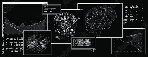 Futuristic sci-fi user interface with research data, Magnetic resonance imaging of the Human brain. HUD UI with callout bar labels, information boxes, digital data charts.