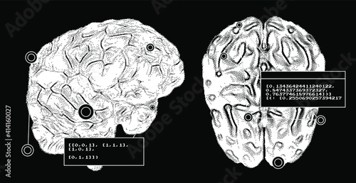 Futuristic sci-fi user interface with research data, Magnetic resonance imaging of the Human brain. HUD UI with callout bar labels, information boxes, digital data charts.