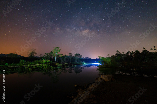 Landscape with Milky Way. Night sky of galactic core. Beautiful Picture of the Galactic Core. Long Exposure of Stars.