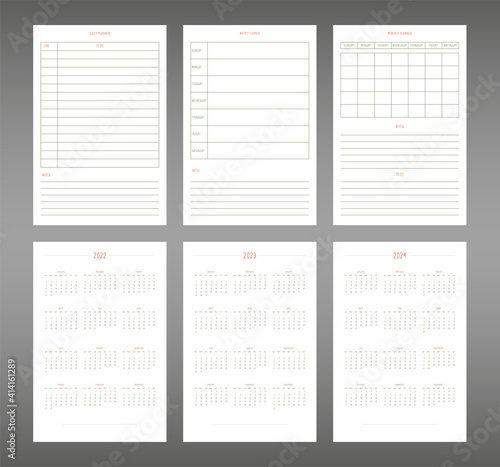 2022 2023 2024 2025 calendar daily weekly monthly personal planner diary template in cute minimalists style. individual schedule calendar for notebooks. Week starts on sunday