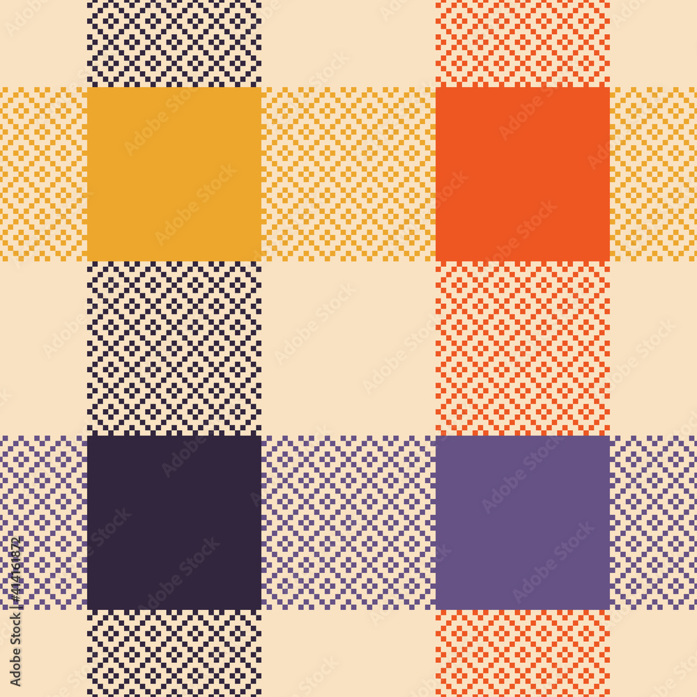 Buffalo check plaid pattern multicolored autumn design. Decorative seamless pixel art in purple, orange, yellow, beige for gift wrapping paper, tablecloth, other modern autumn fashion textile design.