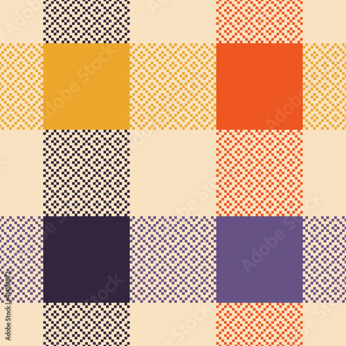 Buffalo check plaid pattern multicolored autumn design. Decorative seamless pixel art in purple, orange, yellow, beige for gift wrapping paper, tablecloth, other modern autumn fashion textile design.