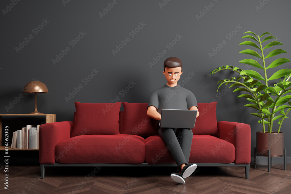 Cartoon character man seat on red sofa in minimal interior with gray wall and work at home on laptop.