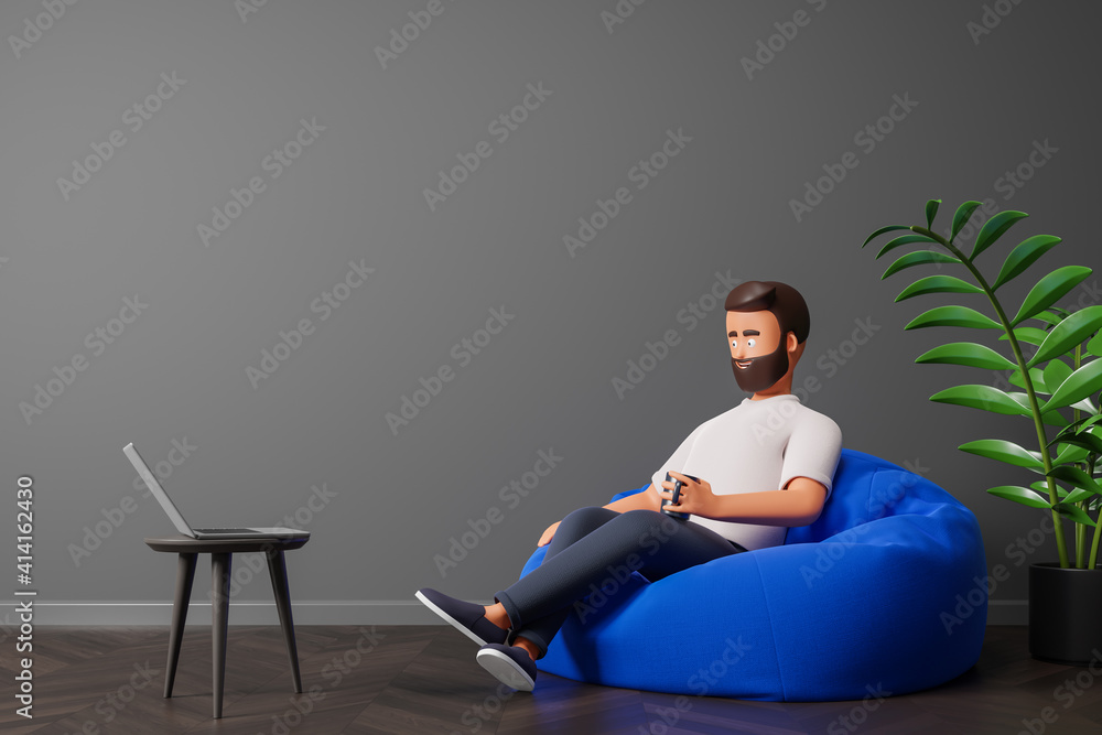 Cartoon character beard man seat on blue bean bag in minimal interior with  gray wall and watch movie or education online master class on laptop. Stock  Illustration | Adobe Stock