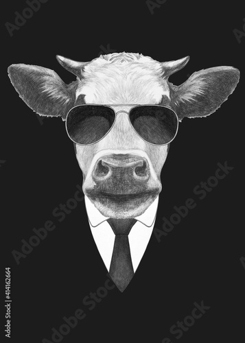 Portrait of Cow in suit and sunglasses. Bodyguard. Hand-drawn illustration.  © Victoria Novak