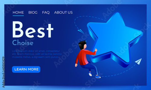 People fly around golden giant star. Rate, quality or feedback concept. Web site template.