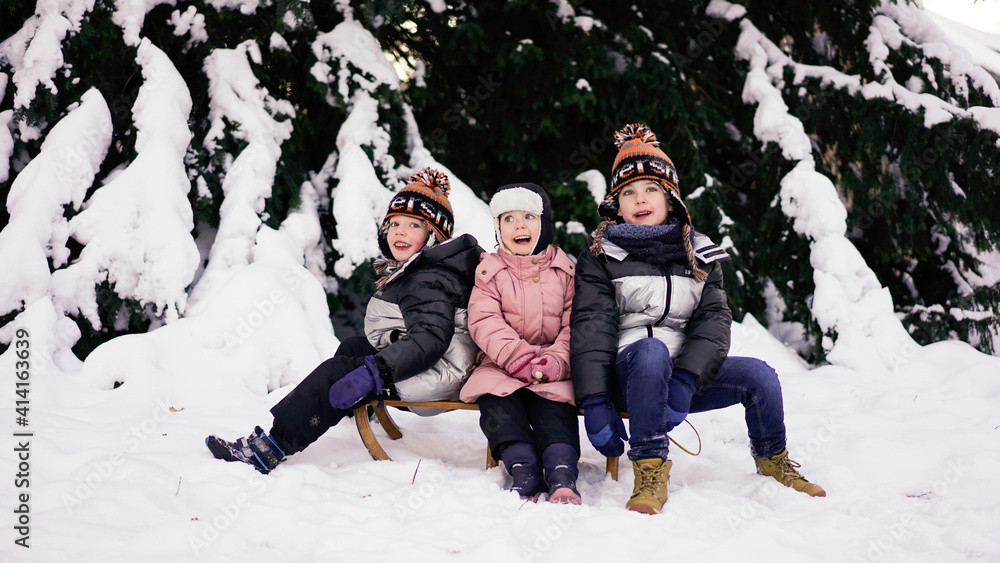 Geschwisterkinder haben Spaß im Winter. Drei Kinder sitzen auf einem Schlitten und freuen sich über den Schnee. Eine Tanne ist im Hintergrund zu sehen.
