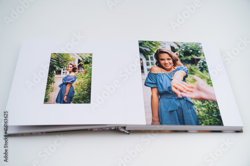 pages of photobook from photo shoots of a beautiful happy woman in the garden