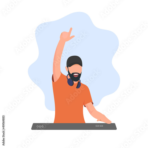 DJ in action. Electronic music concert. EDM artist. Live dance party. Male disc jockey in the club. Nightclub scene. Nightlife concept. Professional musician. Flat vector character illustration.