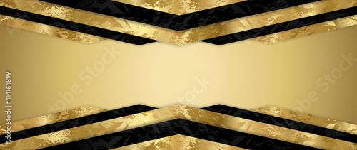 Gift card design with blank gold background and geometric triangle frame (gold and black elements). Premium vector template for Gift voucher, golden ticket, gift certificate or exclusive invite card
