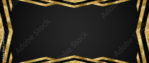 Gift card design with blank black background and geometric triangle frame (gold and black elements). Premium vector template for Gift voucher, coupon, gift certificate or exclusive invite card photo
