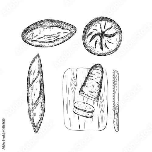 A set of freshly baked bread. View from above. Hand drawn sketch style illustrations for bakery and packaging shop. Isolated over white background.