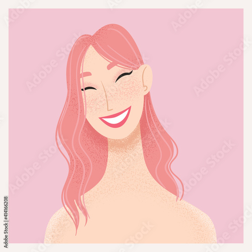 Beauty female portrait. Smiling young Asian woman avatar. Girl with pink hair. Vector illustration