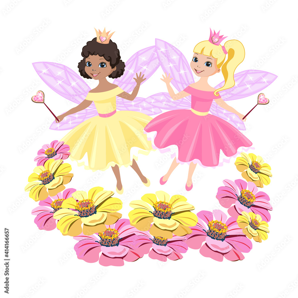 Two beautiful princesses with fairy wings and magic wands flutter over a meadow of yellow and pink flowers. Vector illustration isolated on white background.