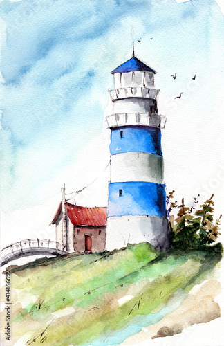 Watercolor picture of a lighthouse on the green hill with a small bridge and some trees