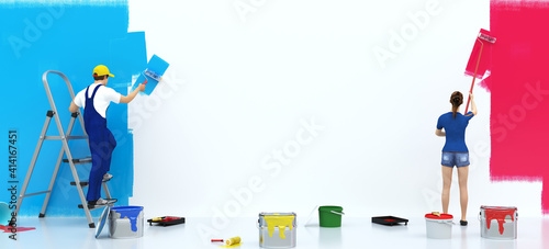  A man and a woman are painting wall with paint rollers. Interior Remodeling and Painting, 3d rendering