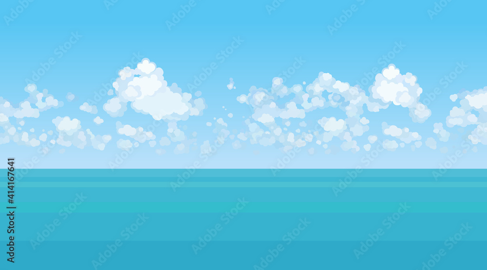 cartoon background of azure sea and blue sky with clouds on the horizon