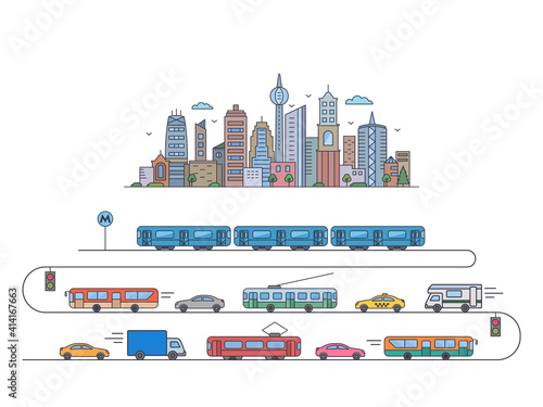 city landscape. city megalopolis with public transport. metro, triple bus, tram, bus, taxi in flat linear style.