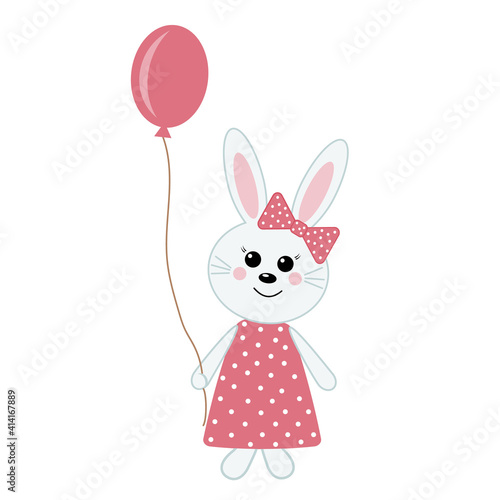 Bunny, children's character, holding a balloon, color vector isolated illustration for the Holy Easter holiday, decor, decoration, print, clip art, paper scrapbooking