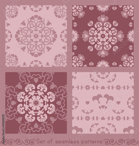 Set of seamless patterns Rose wood color and Pastel Pink. Pretty hearts. Vector.