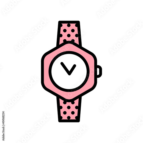 Vector wristwatch icon in flat style with black stroke, pink fill and circles texture on white background.