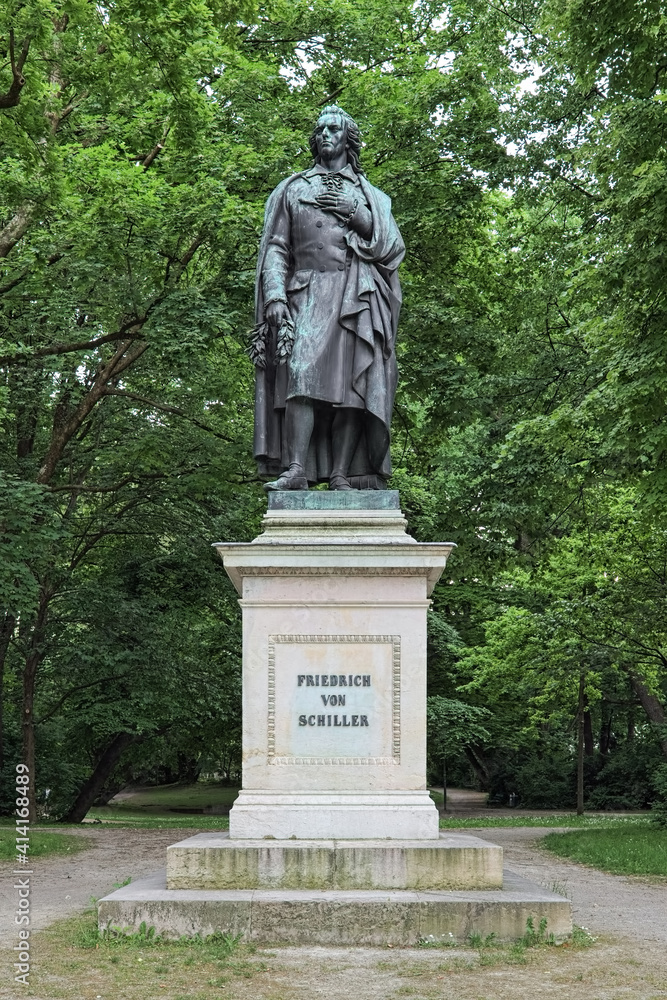 Friedrich Schiller monument at Maximiliansplatz square in Munich, Germany. The monument was unveiled in 1863.