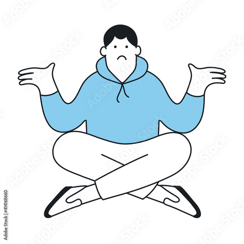 Oops, sorry, not a big deal. Portrait of cute cartoon character shrugging his shoulders and arms in surprise. 404 problem, surprise, lack of understanding concept. Thin line elegance vector style.