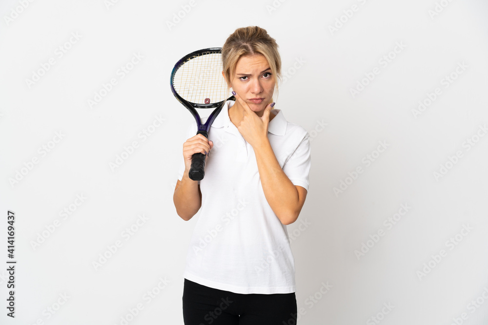 Young Russian woman tennis player isolated on white background thinking Young Russian woman tennis player isolated on white background thinking