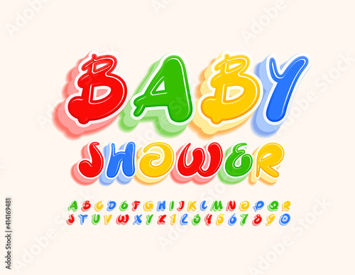 Vector creative flyer Baby Shower. 3D Handwritten Font. Bright artistic Alphabet Letters and Numbers set