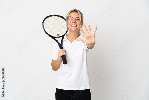 Young Russian woman tennis player isolated on white background counting five with fingers © luismolinero